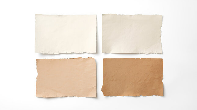 rectangular pieces of paper arranged in a 2x2 grid against a plain white background. Each piece of paper has a distinct texture and color, ranging from off-white to light beige and brown. The edges of
