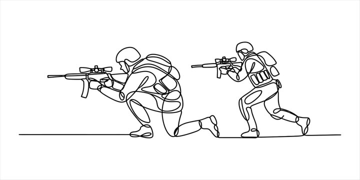 Continuous one line drawing of two soldiers with rifles in tactical combat position