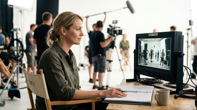 Female director monitoring film production on set. Professional woman watching video playback on monitor during movie shoot