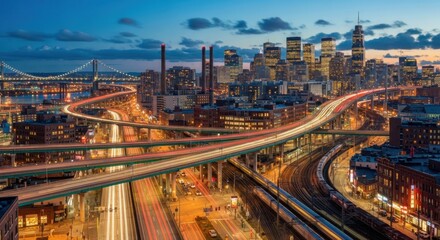 Obraz premium Busy Cityscape with Traffic and Illuminated Highways at Night