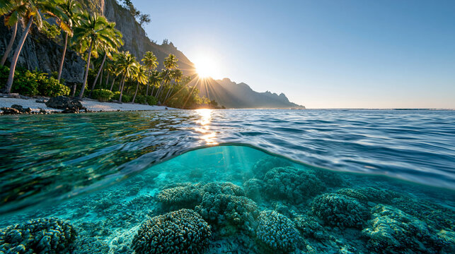 Split-level underwater and aerial view of a tropical island cove at sunrise, palm-fringed cliffs, turquoise water revealing coral below, golden light on calm waves, travel
