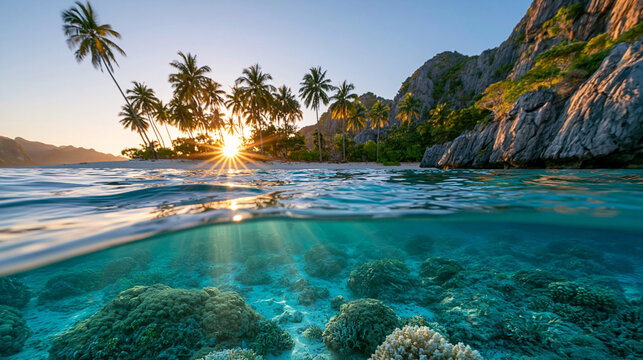 Split-level underwater and aerial view of a tropical island cove at sunrise, palm-fringed cliffs, turquoise water revealing coral below, golden light on calm waves, travel