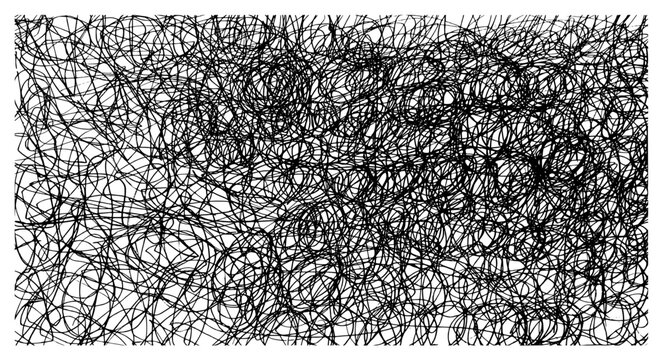 Abstract chaotic scribble line art vector background, hand-drawn black messy tangled lines illustration