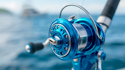 Obraz premium Macro close-up of a deep-sea fishing reel with blue metallic finish and taut fishing line, sport fishing gear, tackle equipment, detailed product photography, defocused ocean,