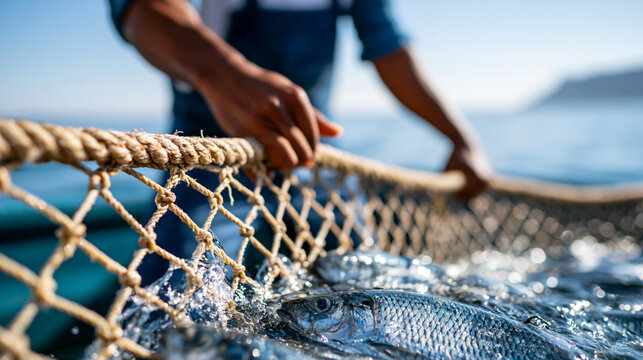 Unrecognizable fisherman pulling a heavy net loaded with shimmering fish from open sea, commercial fishing harvest, ocean industry, faceless, with copy space