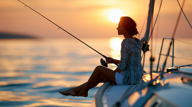 Silhouette of a woman fishing from the bow of a sailboat at sunset, golden water reflections, peaceful sea leisure, hobby and recreation, faceless, with copy space
