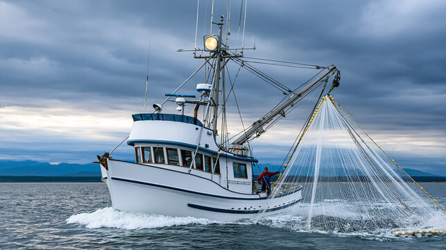 Large commercial fishing schooner hauling in a massive net full of catch, industrial-scale seafood extraction, ocean fishing operation, overcast dramatic sky, faceless crew, with