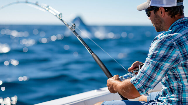 Man on a charter boat reeling in a massive ocean fish leaping from the water, big game sport fishing, deep sea adventure, defocused ocean horizon, faceless, with copy space