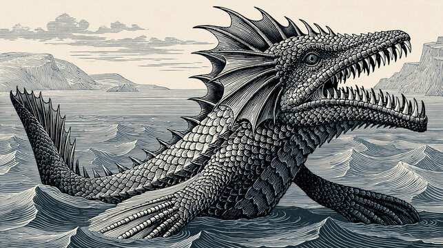 Detailed vintage engraving-style illustration of a mythical sea monster with scales, fins, and sharp teeth, fantasy ocean creature, dark maritime art, with copy space