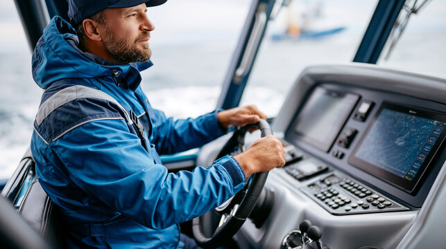 Professional skipper at the helm of a modern fishing vessel using digital navigation technology at sea, smart fishing innovation, maritime tech, faceless, with copy space