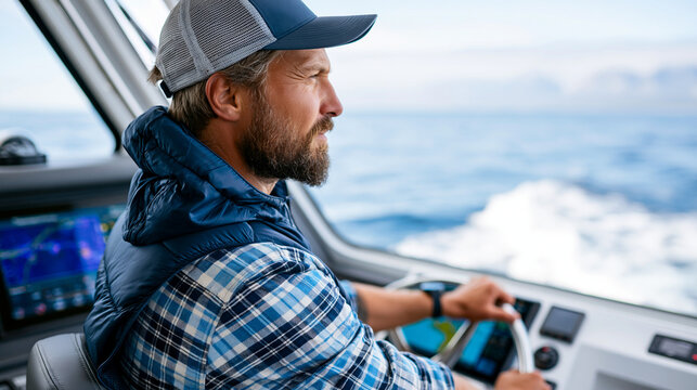 Professional skipper at the helm of a modern fishing vessel using digital navigation technology at sea, smart fishing innovation, maritime tech, faceless, with copy space