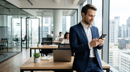 Fototapeta premium Businessman using smartphone in modern office. Professional man in suit standing by window with city view. Corporate workplace environment