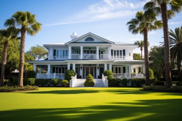 Fototapeta premium Luxury coastal estate featuring a large house, green lawn, and tropical palm trees