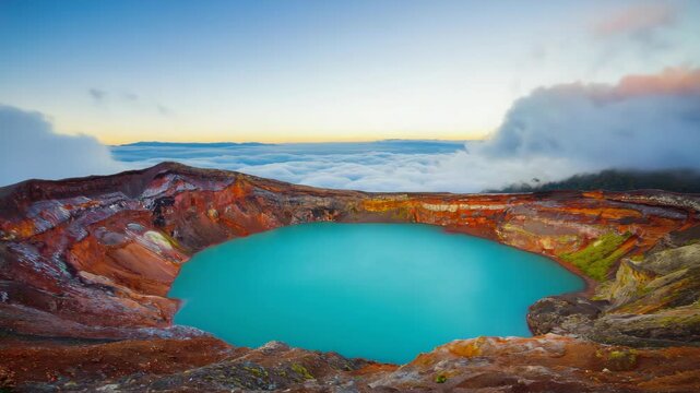 Beautiful sunrise over a volcanic crater lake with deep blue waters and surrounding red rocks.