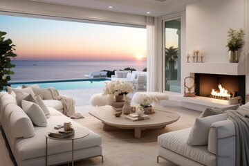Fototapeta premium Modern interior featuring a fireplace, comfortable sofas, and an infinity pool overlooking the sea