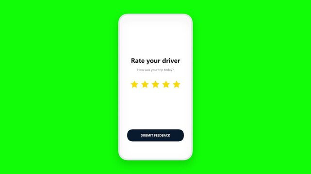 Smartphone app rating 5 stars for driver on green screen. 4K Video