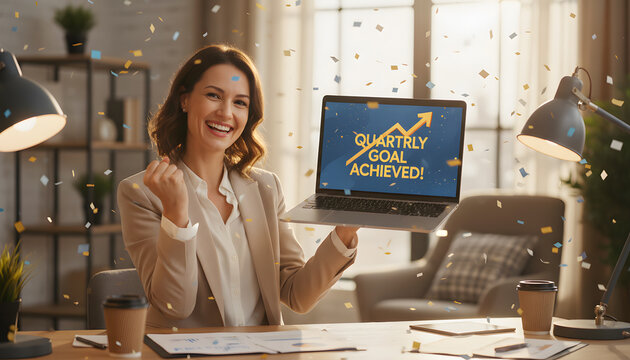 Woman celebrating achievement while holding laptop with goal message in office setting during a workday