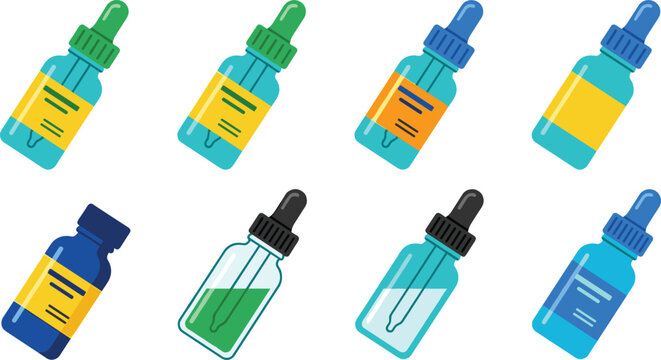 Assorted dropper bottles with colored liquids and yellow labels arranged in a grid on white background