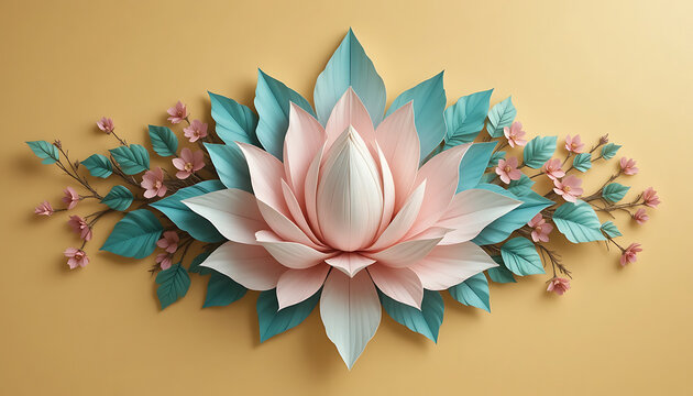 Pink lotus flower, paper cutout with blue-green leaves and small pink flowers on a beige background