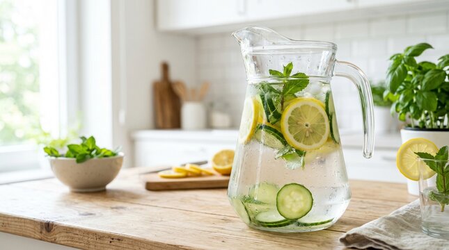 Fresh lemons and cucumbers infused in a pitcher of clean water on a kitchen countertop with herbs