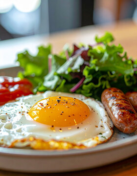 Fried egg with glossy yolk, grilled sausage slices, fresh salad greens and tomato sauce, blurred cafe backdrop, appetizing breakfast. Tasty food.