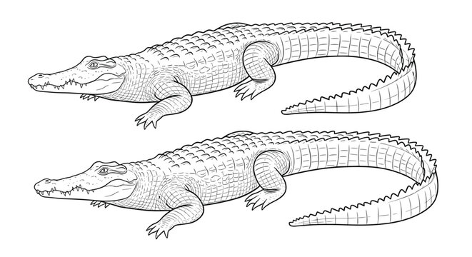 Two highly detailed technical line drawings of a crocodile or alligator showing the complex patterns of scales along the body and tail.