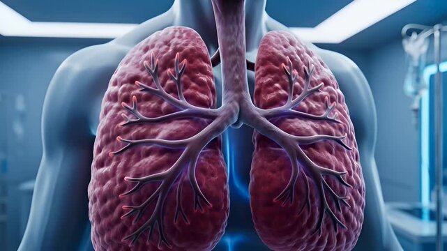 A person feels compelled to pee while examining detailed lungs in a clinic