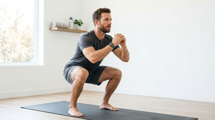 Fototapeta premium Man performing squats on a yoga mat at home. Athletic male doing bodyweight exercise in a bright minimalist room. Fitness and healthy lifestyle concept. Copy space for text