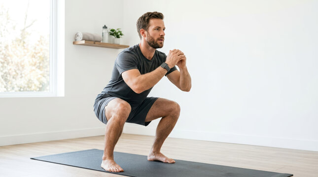 Man performing squats on a yoga mat at home. Athletic male doing bodyweight exercise in a bright minimalist room. Fitness and healthy lifestyle concept. Copy space for text