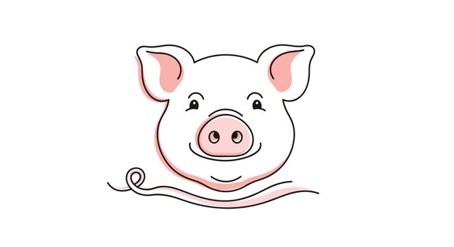 Cute and simple drawing of a pink pig head with a happy smiling face and a tiny curly tail for children design projects.