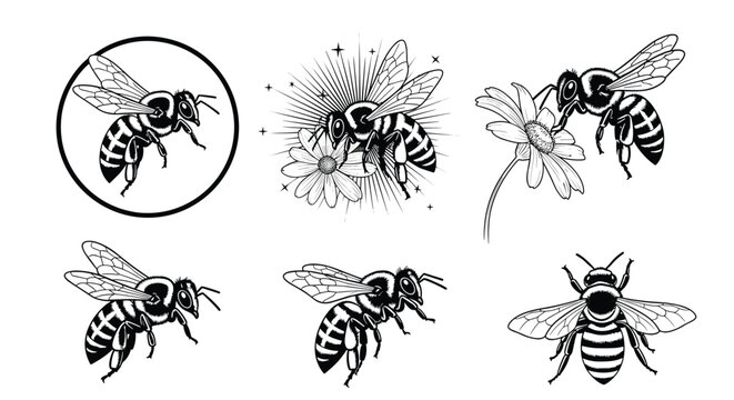 Set of vintage style honey bee illustrations features detailed line work of insects in various poses and artistic compositions.