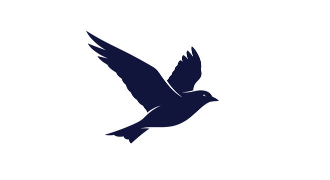 Dark silhouette of a small bird in flight shows graceful wing movement and a sharp profile against a plain white background.
