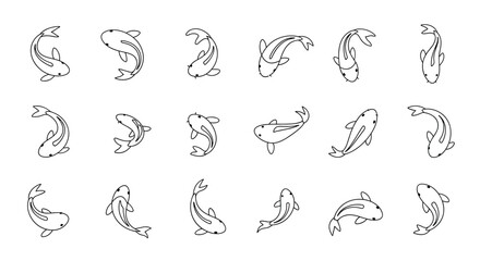 Fototapeta premium Large grid of fifteen koi fish line drawings displays various swimming curves and body shapes of the popular ornamental Japanese carp.