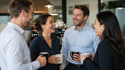 Fototapeta premium Four diverse office colleagues laughing together while holding coffee mugs in a warmly lit workplace breakroom, showing genuine friendship, connection, and relaxed professional camaraderie