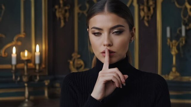 Serious woman holds finger to lips. Dark room with ornate gold accents. Candles glow softly behind her. She looks directly at the camera. Elegant attire complements her pose