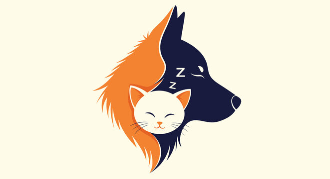 Stylized illustration of a wolf and cat head silhouette symbolizing a dreaming pet with white cat and orange wolf fur.