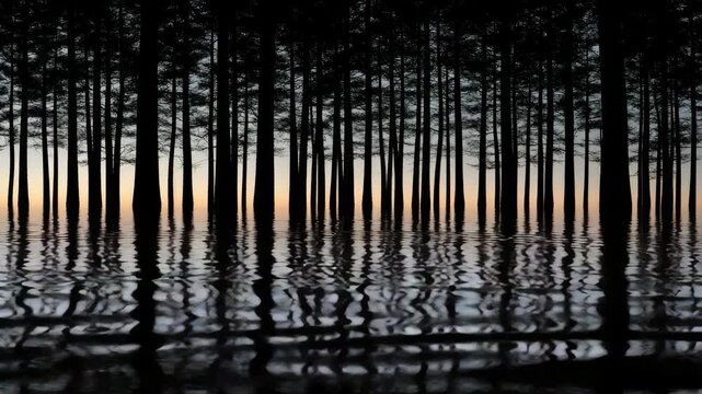 Silhouetted trees stand tall in still water. Reflections ripple gently across the surface. Soft twilight hues glow behind the pines. Nature's quiet elegance d in serene frame