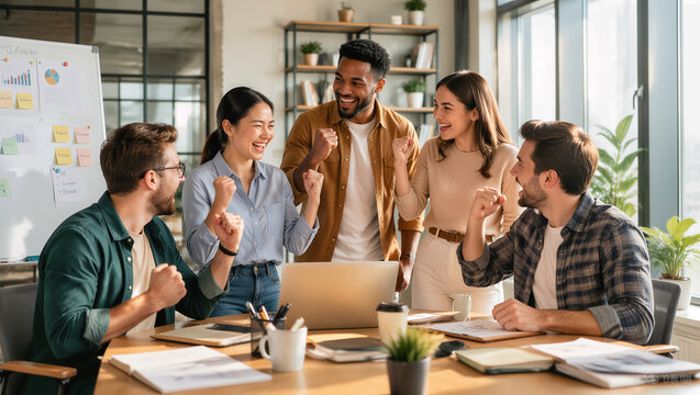 Dynamic diverse group of young business professionals celebrating a milestone success in a bright modern office workspace with natural joyful expressions, showcasing teamwork and achievement.