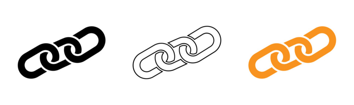 Abstract chain link graphic in three color variations black outline and orange isolated on white background