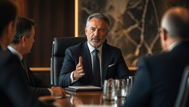 Mature silver haired executive in a dark suit addressing colleagues around a polished conference table, gesturing confidently in an elegant private boardroom with dramatic cinematic lighting
