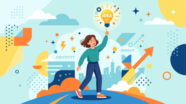 A woman has an epiphany on a bright day with creativity and innovation surrounding her.