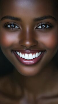 Happy, beautiful woman looking at camera with radiant smile and sparkling eyes.