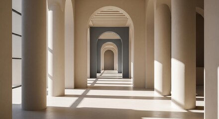 Fototapeta premium Sunlit Architectural Corridor with Repeating Arches and Columns.