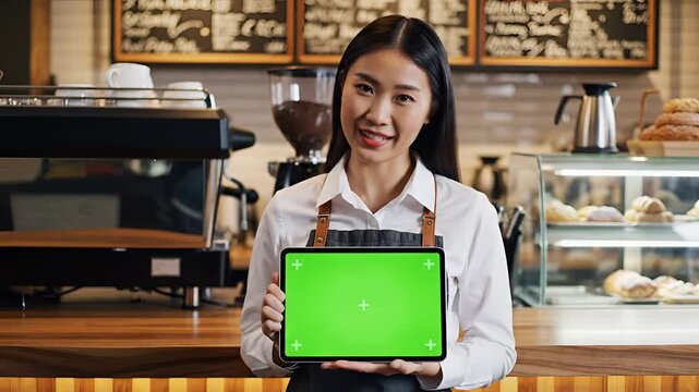 Young Asian barista proudly presents tablet with green screen in coffee shop.