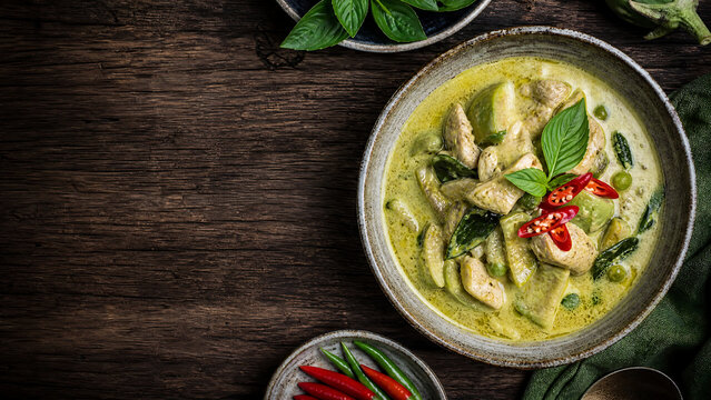 Authentic Thai Green Curry Chicken with Coconut Milk and Eggplant in a Bowl on a Rustic Wooden Table with Copy Space