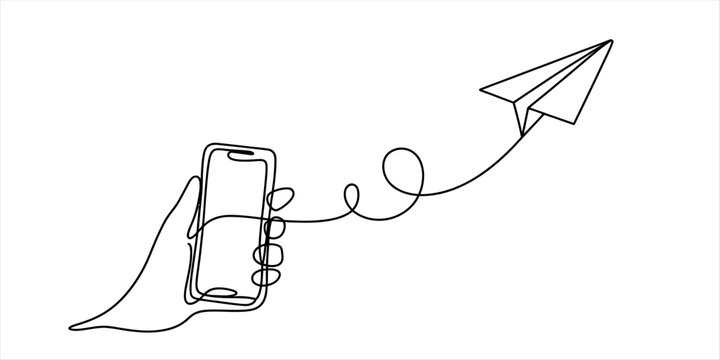 Continuous one line drawing of hand holding smartphone with paper plane flying out
