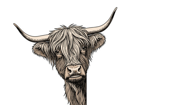 Detailed engraving style illustration of a long haired highland cow head peeking from the side on a white background.