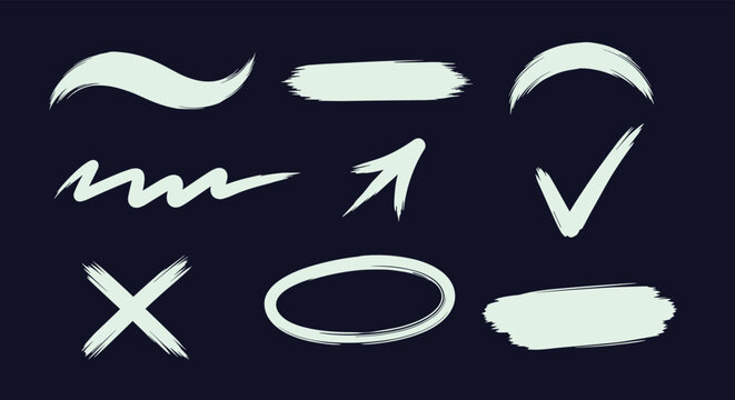Hand-drawn brush strokes and symbols in a chalky style on a dark background offer artistic elements for creative design.