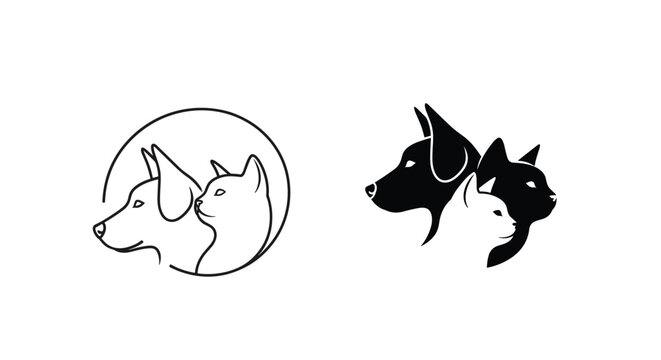 Set of two pet themed logos featuring the profiles of a dog and a cat in minimalist outline and solid black silhouette styles.