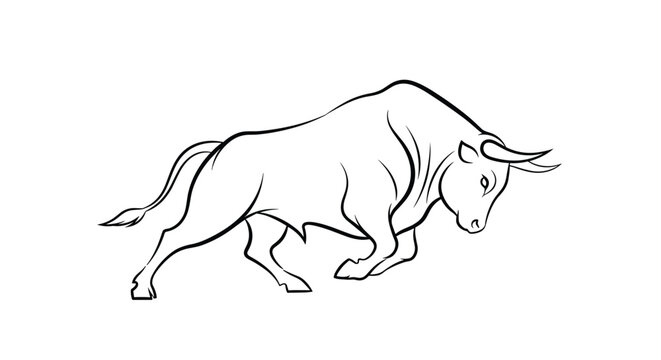 Powerful black and white line art illustration of a muscular bull charging forward with head down and sharp horns displayed.